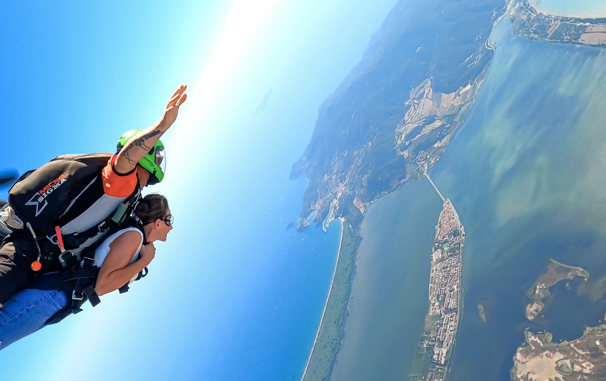 The lagoon and coastline seen during a skydive